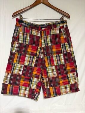 Cape Madras Men's Red Plaid Patchwork Shorts - Classic Summer Style